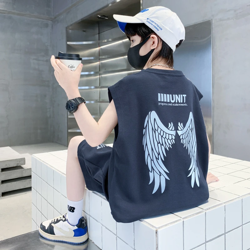 男童夏季无袖套装洋气新款儿童帅气炸街中大童夏装背心运动两件套