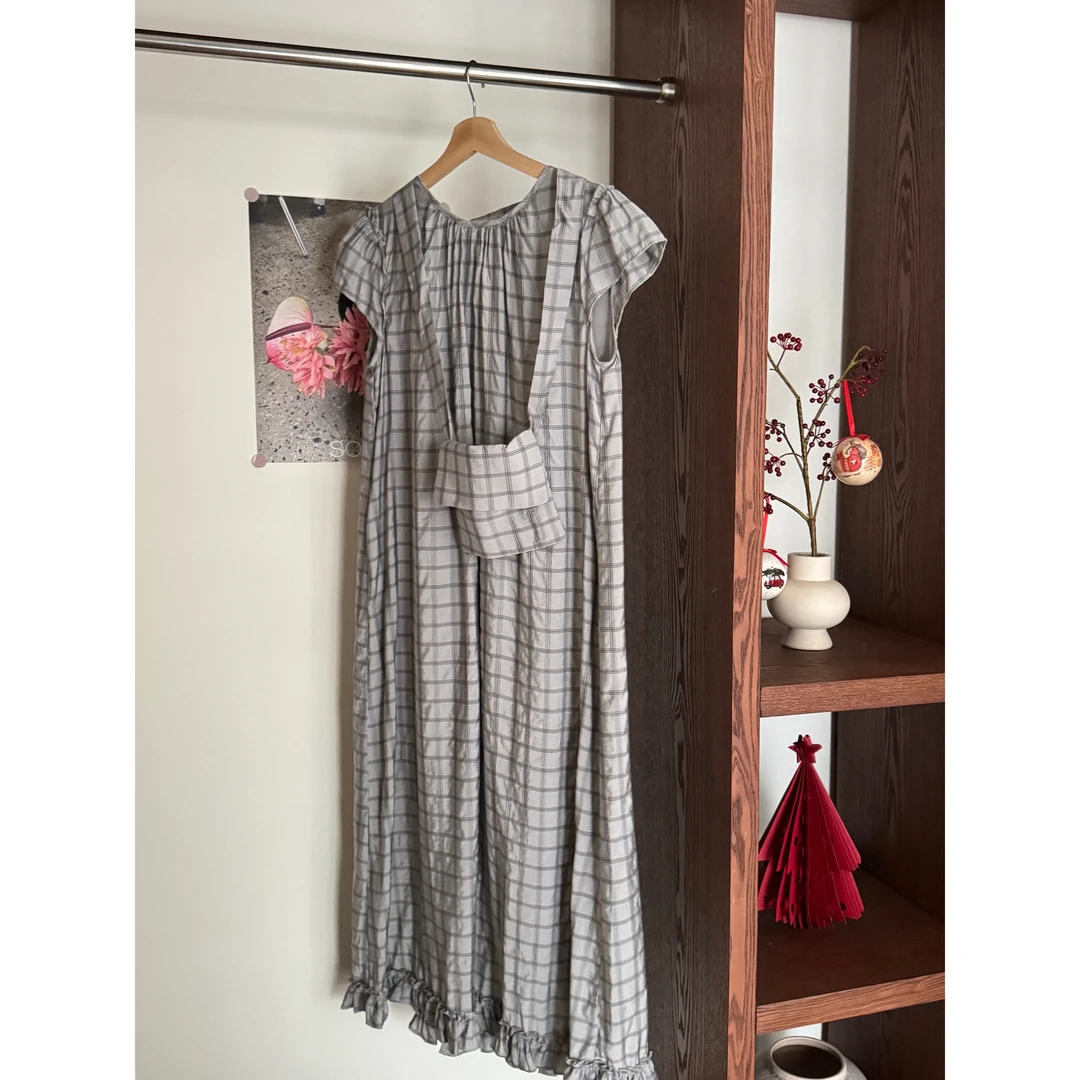 下摆花边格子连衣裙配包包（no退no换）