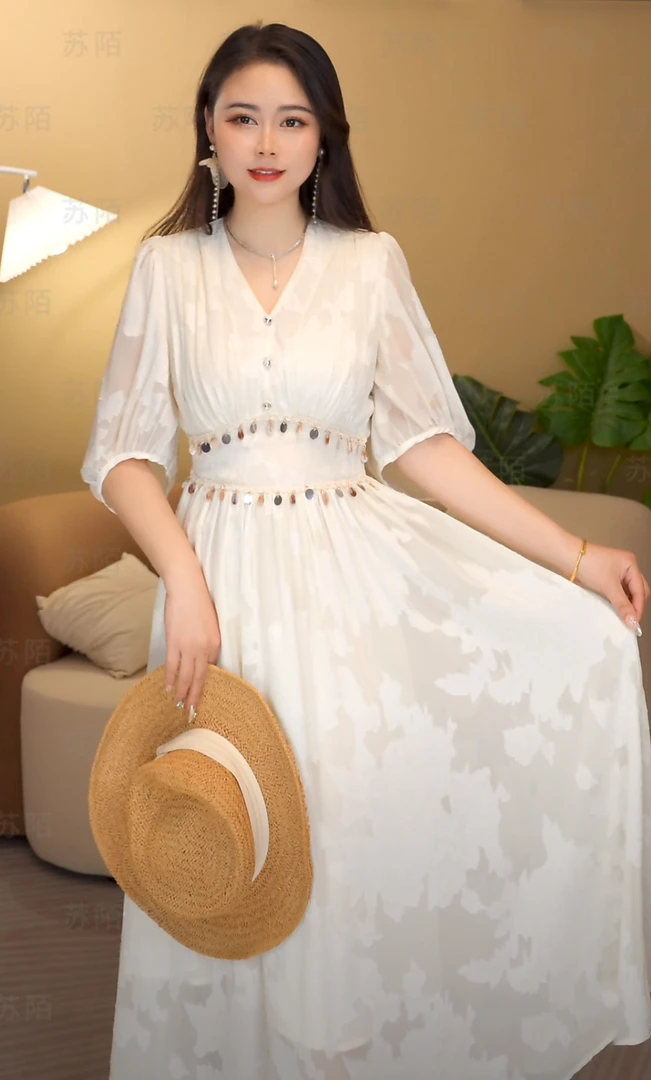 苏陌裙子女款爆款2025新款高级感立体花朵白色连衣裙白月光夏季