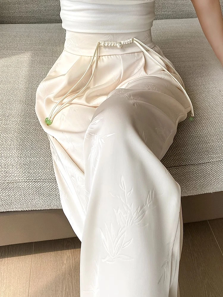 新中式国风提花缎面阔腿裤女夏季薄款2025新款高腰冰丝直筒休闲裤