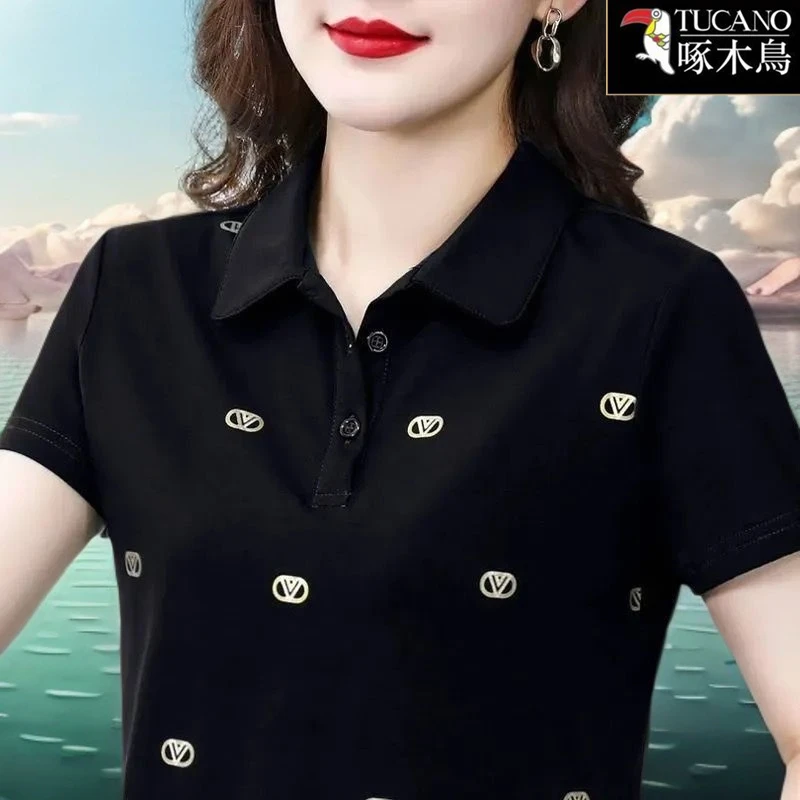 啄木鸟2025年新款百搭字母印花T恤夏季短袖时尚POLO领修身上衣女