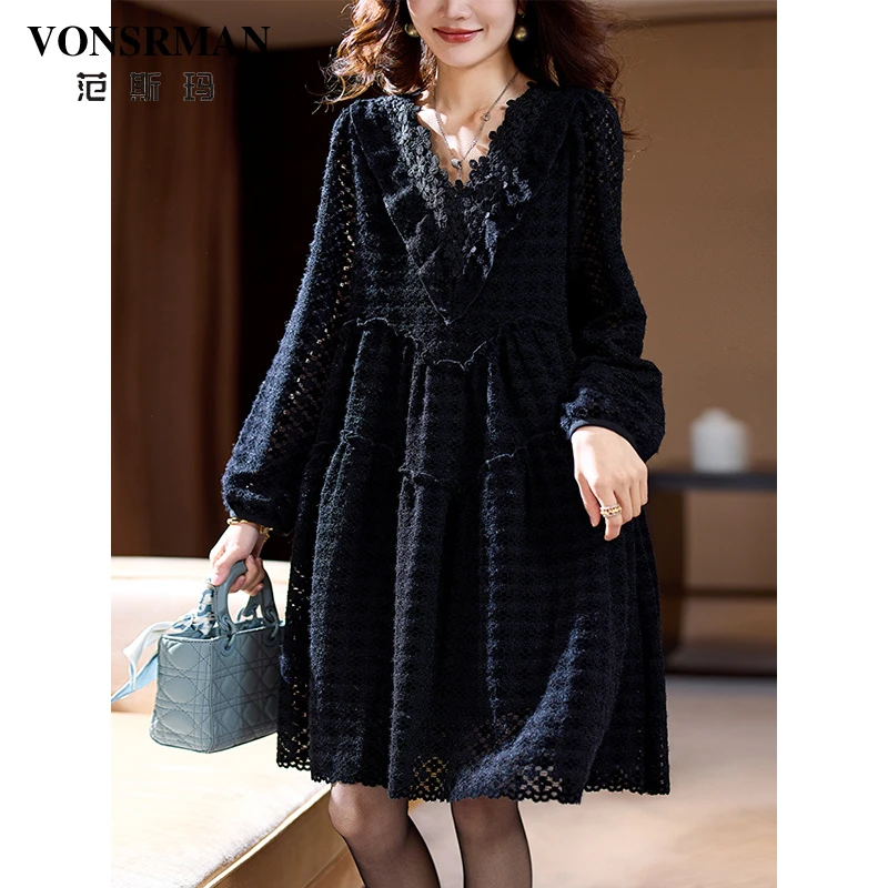VONSRMAN高端v领蕾丝连衣裙女春季2025新款设计感洋气大码显瘦裙