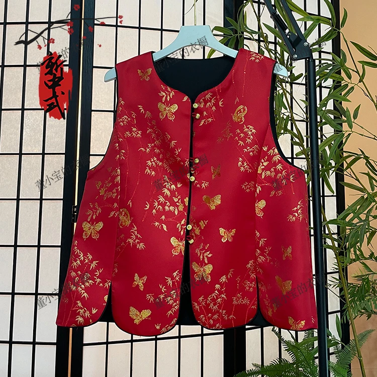 新年拜年服新中式高档织锦提花福蝶复古气质马甲红色喜庆马夹女