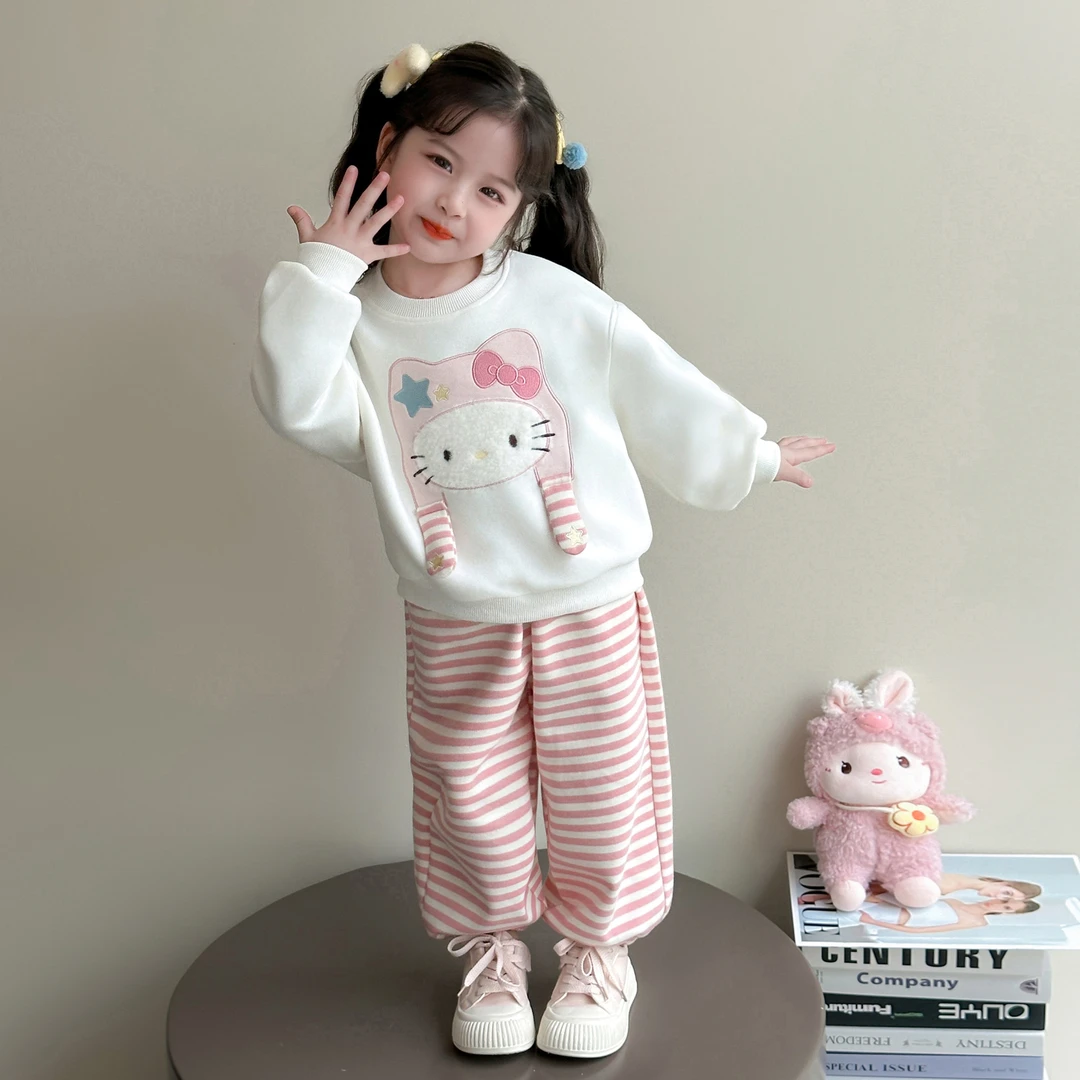 女童秋季2025新款中小童可爱温柔风卡通猫咪卫衣条纹束脚裤套装