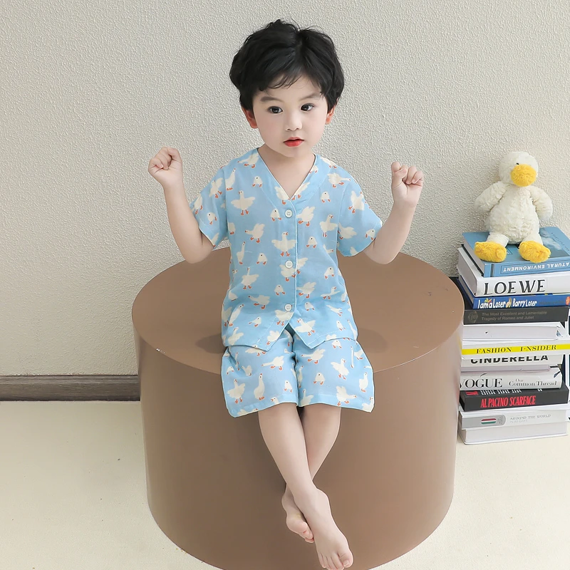 儿童睡衣纯棉a类夏季宝宝纱布空调服男童短袖套装薄款女童家居服