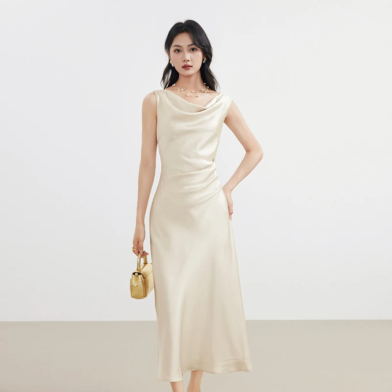 爱客法式荡领连衣裙女夏轻奢收腰a字气质长裙YA25217L011