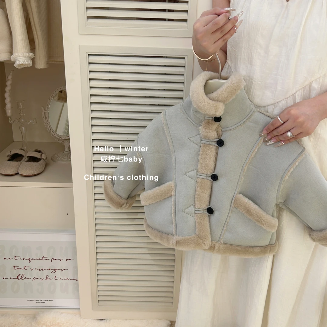 【现】女童皮毛一体外套秋冬2024新款加厚毛领冬装毛毛上衣加绒