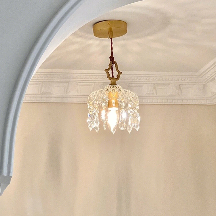 法式水晶灯玄关小吊灯轻奢全铜过道走廊灯阳台灯网红卧室床头吊灯