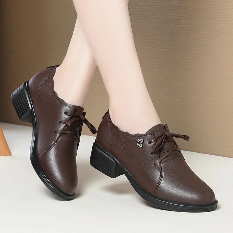 爆款全牛皮新款真皮女单鞋低跟防滑百搭女鞋大码妈妈鞋时尚小皮鞋