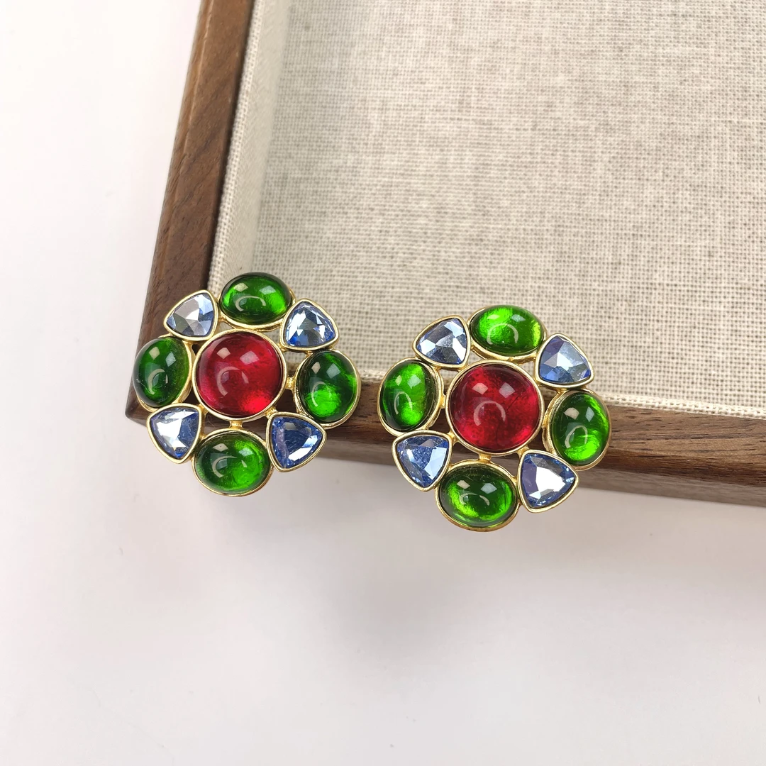 铜合金耳饰 手工气质时尚复古古风彩色中古耳钉