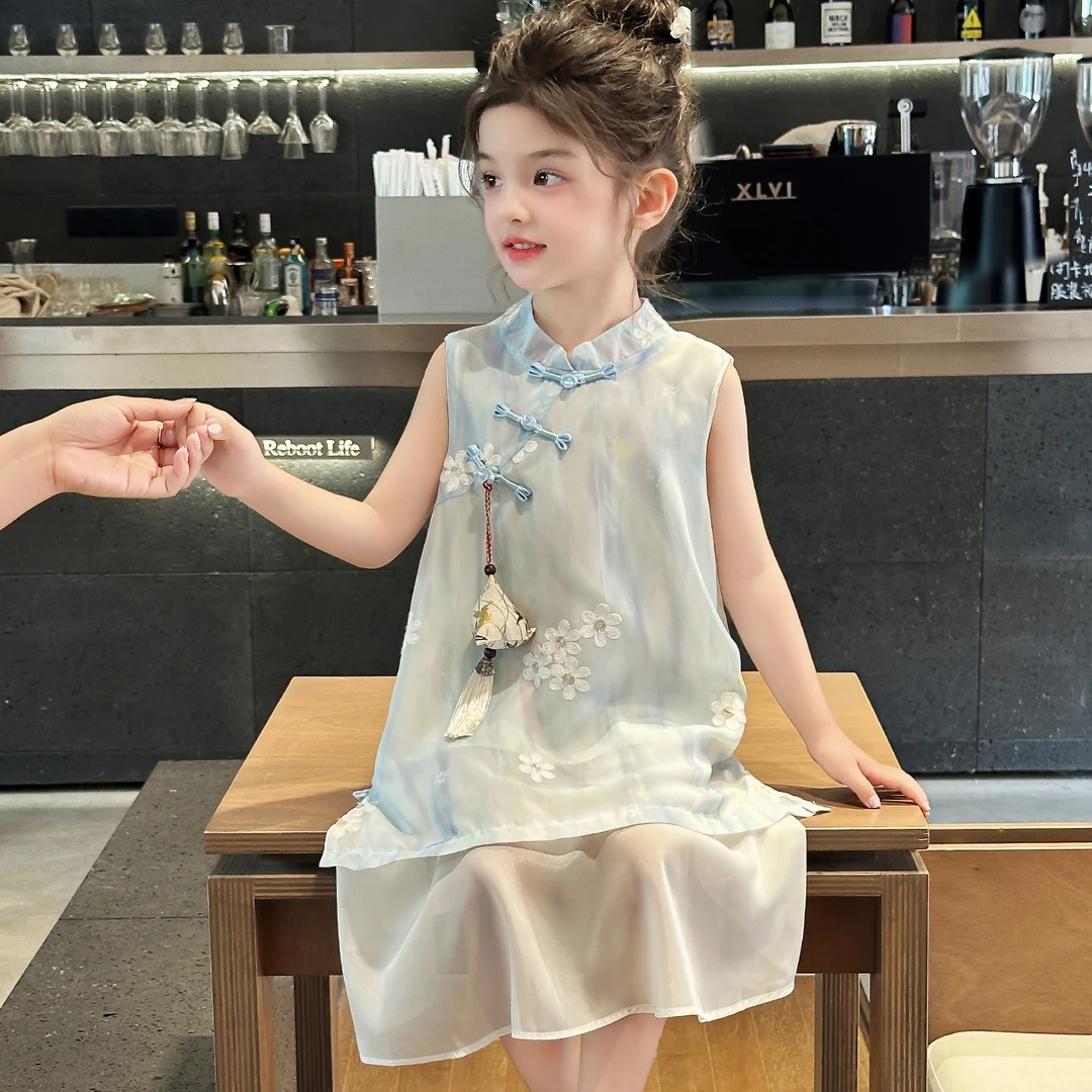 儿童衣服女童旗袍连衣裙2025新款夏装儿童裙子夏季国潮夏季女童蓝
