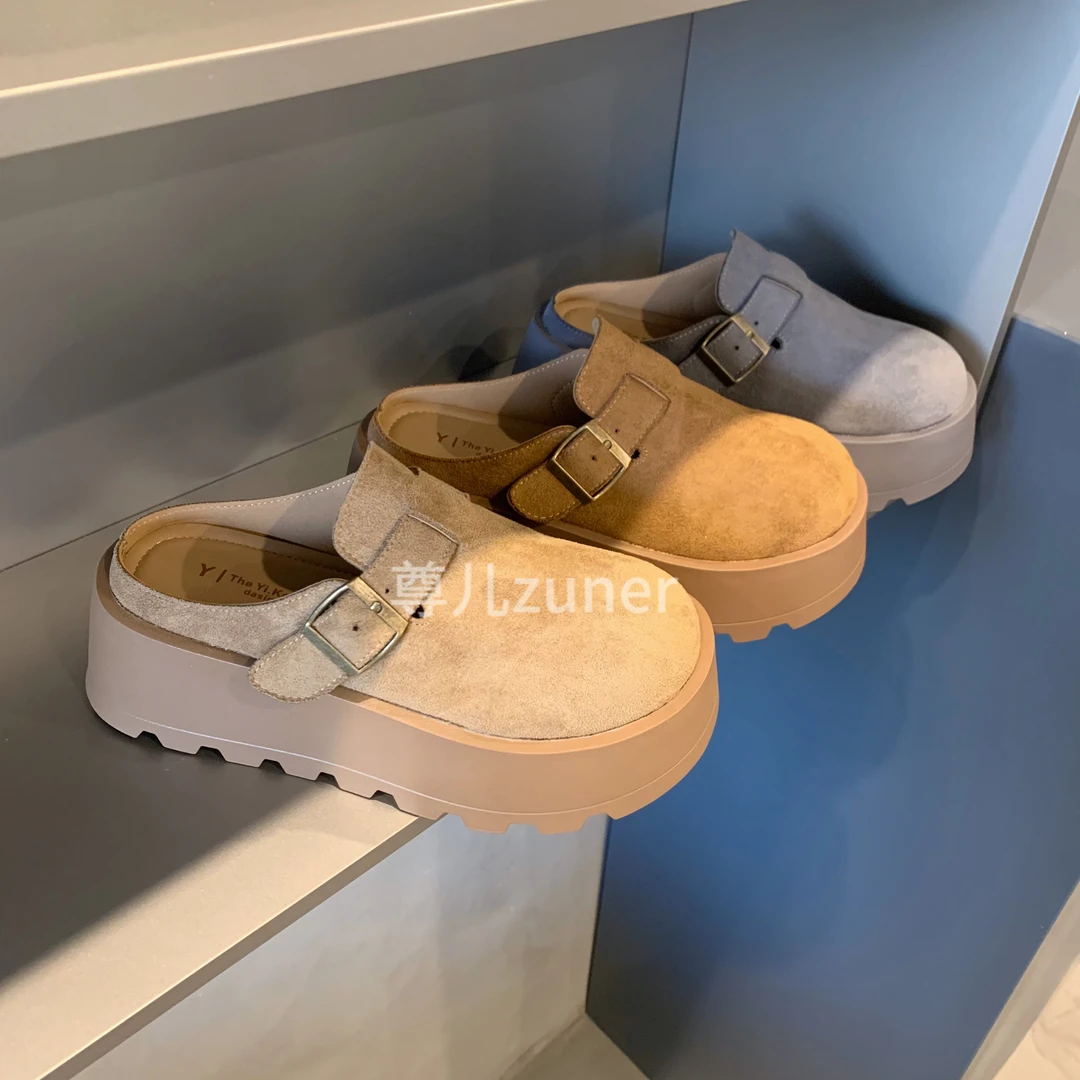 尊儿2025春季新款厚底增高包头半拖鞋复古小个子懒人一脚蹬勃肯