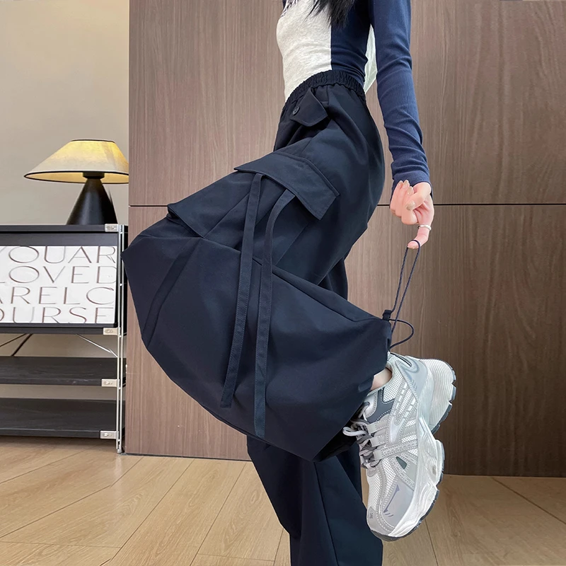 藏蓝色美式工装裤女2025秋冬新款休闲高腰束脚登山伞兵运动阔腿裤