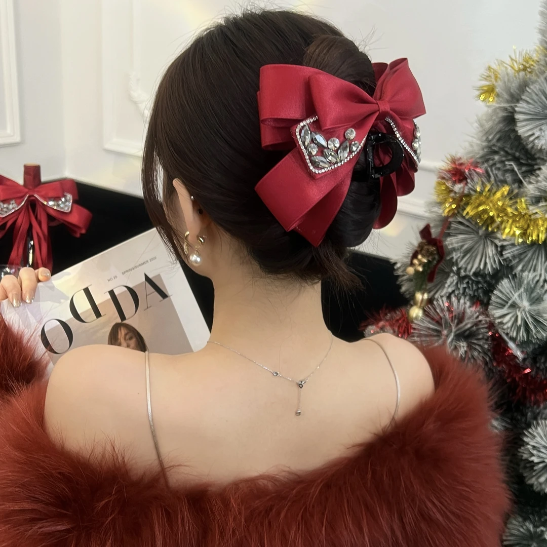 2025高级感喜庆红色多层蝴蝶结抓夹女时尚轻奢后脑袋盘发鲨鱼夹