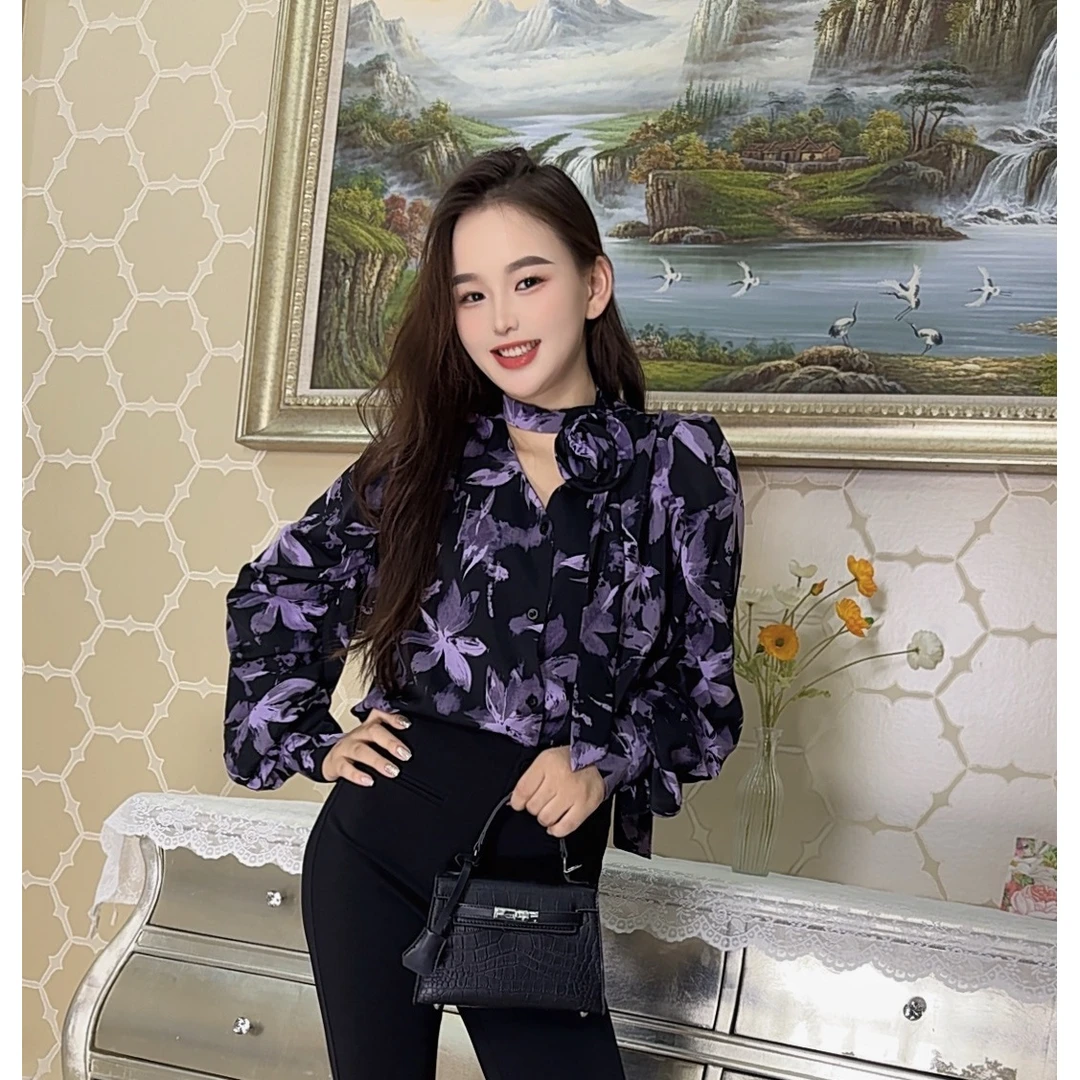 美式复古高级感V领豹纹长袖衬衫女时尚气质飘带绝美别致衬衣6996