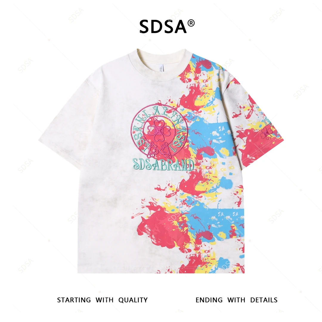 夏季高级感新款男士重工刺绣字母印花短袖T恤满天星设计百搭上衣