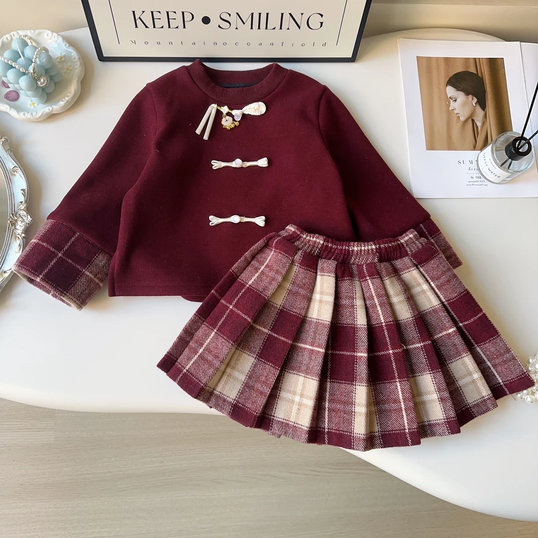 女童中式套装冬季新款女宝宝国风外套半身裙两件套AWA889