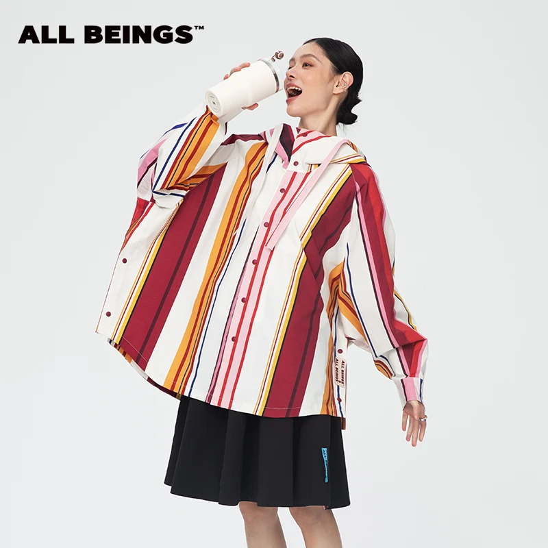 ALL BEINGS【应季折扣】24AW彩色条纹廓形连帽女宽松上衣女外套斗篷