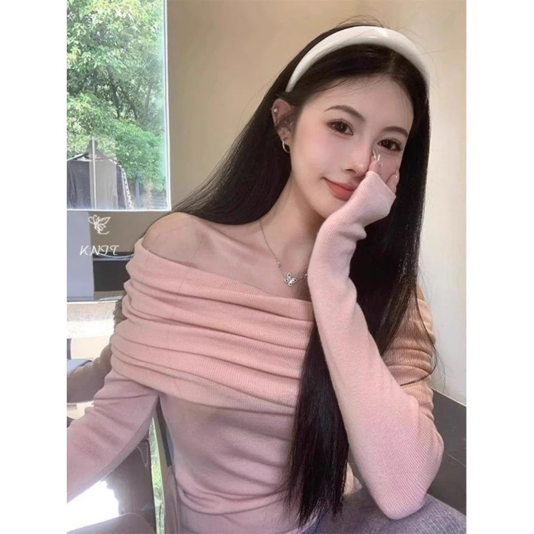 纯欲露肩锁骨长袖一字肩针织衫毛衣女秋秋一字领打底衫外穿上衣