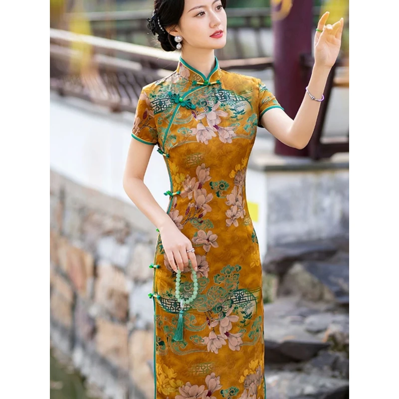 黄色旗袍夏款女长款修身显瘦老上海中式气质高端中国风优雅连衣裙