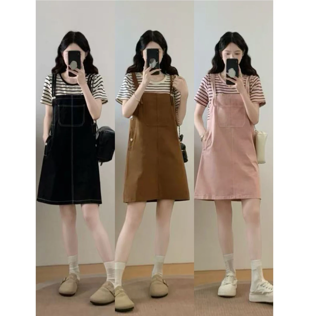 2025夏新款大码女装气质减龄撞色条纹短袖背带裙两件套牛仔裙1593