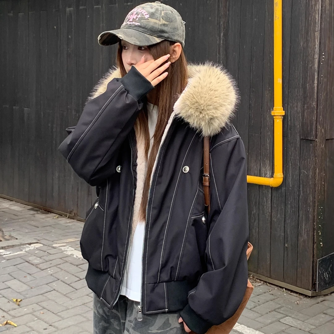 8809#美式复古派克服短款棉服女内里加绒毛大毛领连帽棉衣冬外套