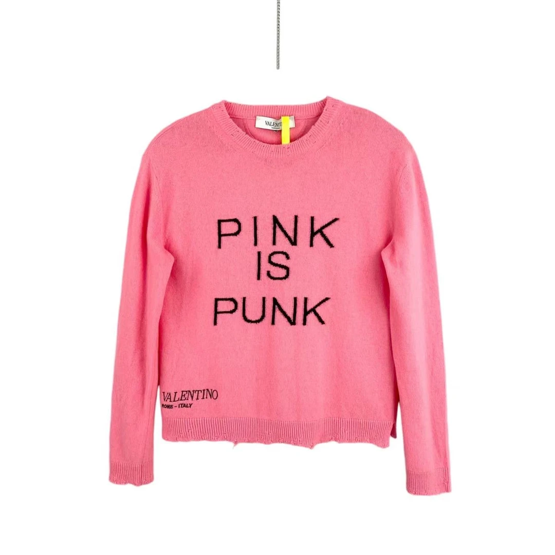95新 Valentino/华伦天奴 xw050 羊毛 Pink系列 粉色字母毛衣XS码