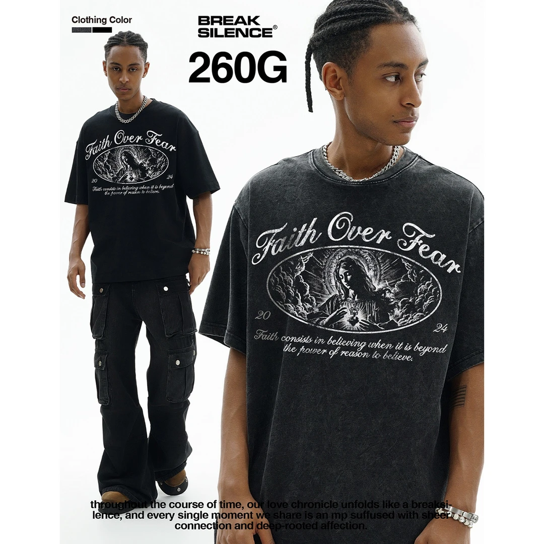 圣母祷告高街美式复古印花短袖t恤上衣重磅纯棉水洗做旧美潮夏季