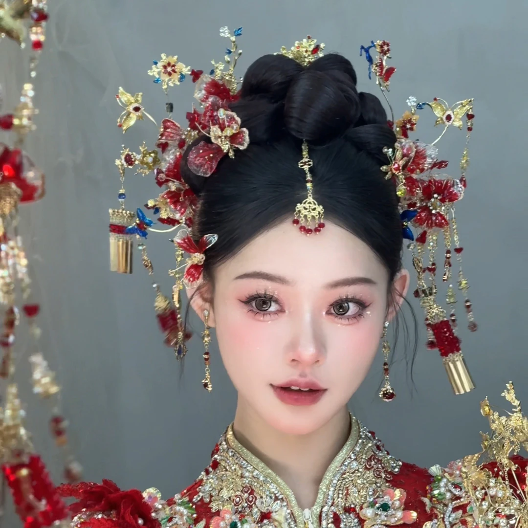 红色系秀禾头饰龙凤褂秀禾服头饰红蓝色百搭新娘结婚配饰婚礼跟妆