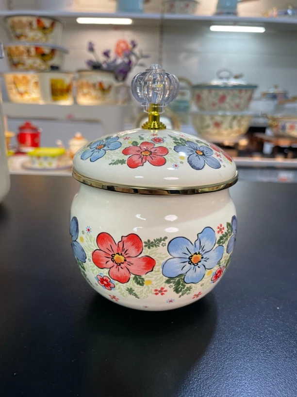 10厘米珐琅搪瓷茶叶罐珐琅彩大肚设计储物罐密封罐家用带盖罐子