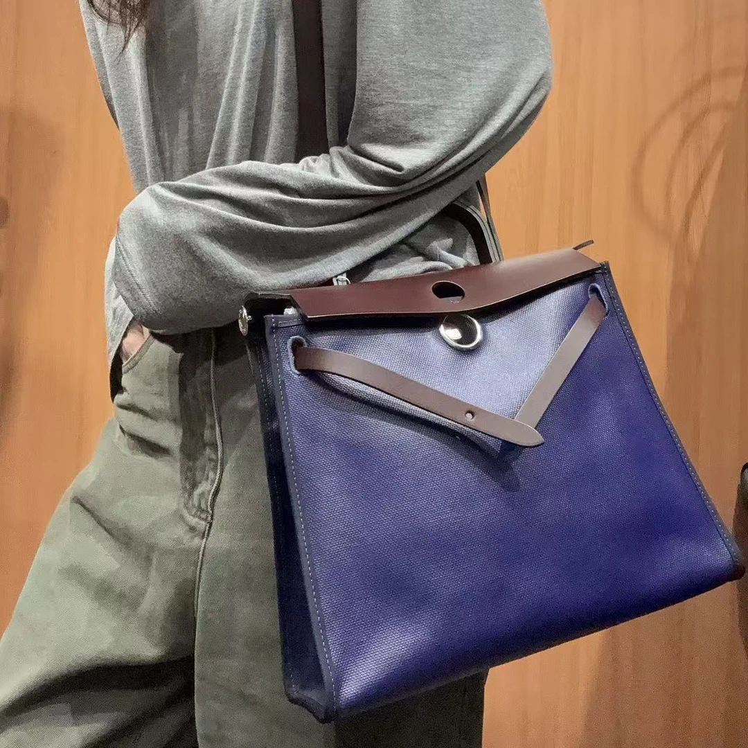 95新 Hermes/爱马仕 【蕾】 1HV4507 蓝色防水布herbag包