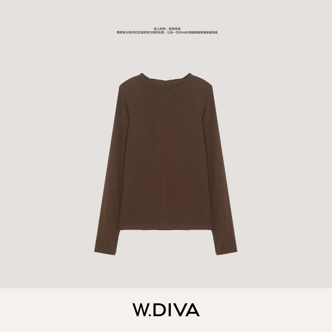 W.Diva【黑咖上衣】羊绒醋酸长袖衫圆领天丝T恤松弛慵懒风53T022793