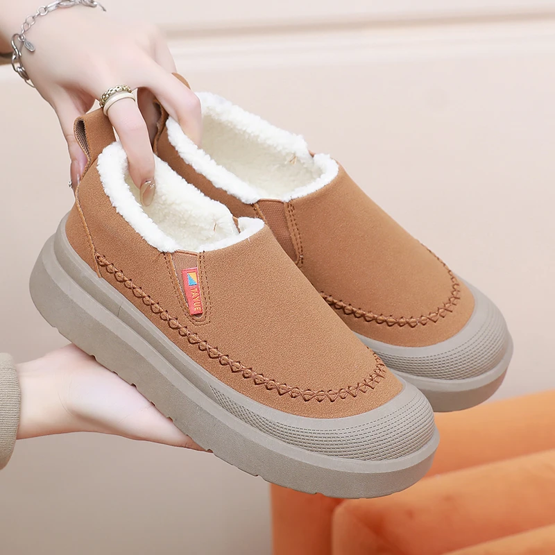 2025冬季新款加绒加厚雪地靴厚底增高休闲鞋防滑耐磨一脚蹬乐福鞋