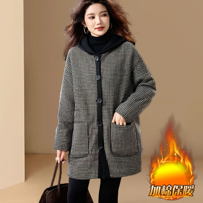 高级感格子连帽棉服2025秋冬季新款宽松显瘦慵懒风中长款夹棉外套
