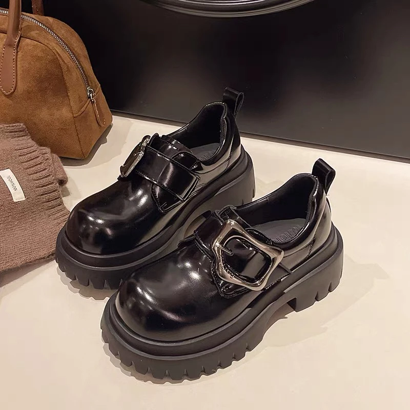 通用冬季金属一脚蹬松糕底乐福鞋厚底玛丽珍鞋