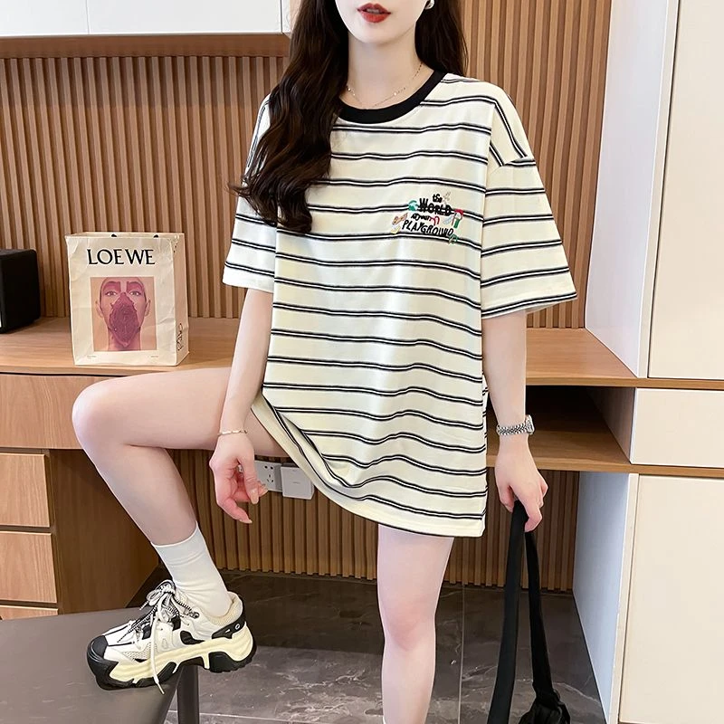 纯棉洋气上衣条纹短袖T恤女夏装今年流行的新爆款慵懒风宽松体恤