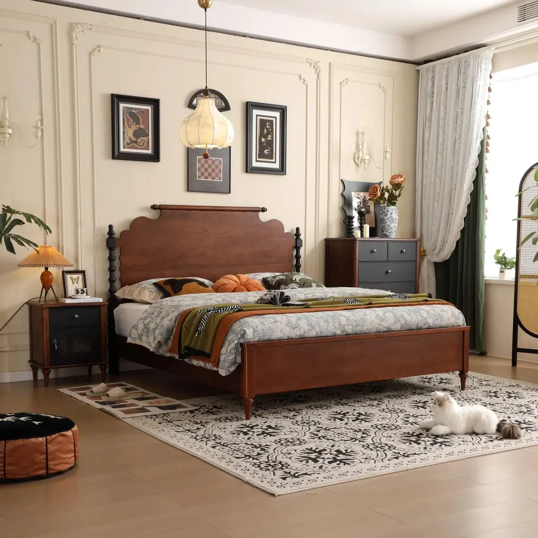 中古风家具床白蜡木全实木床中古风现代双用床床主卧中古风床