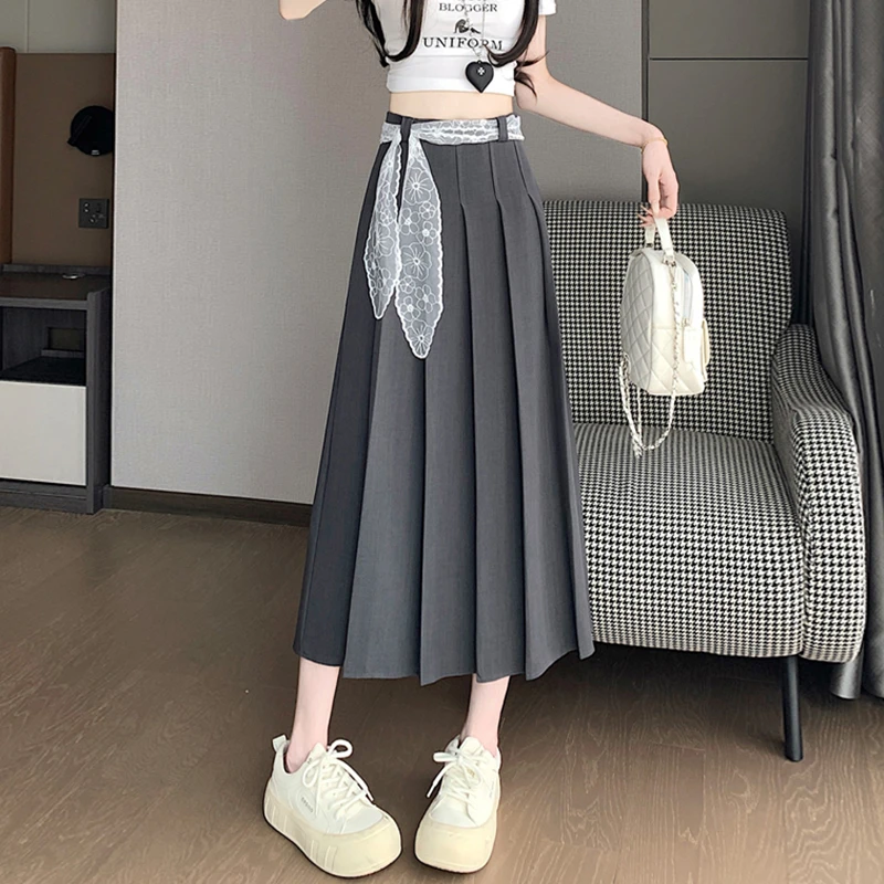 蕾丝腰带灰色百褶裙女中长裙春夏2025高腰a字裙小个子半身裙伞裙