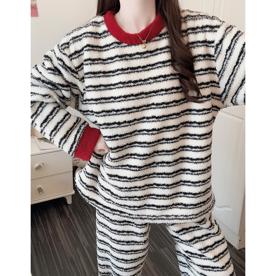 【保暖半边绒】软糯睡衣女秋冬季网红撞色条纹套装可外穿学生家居服