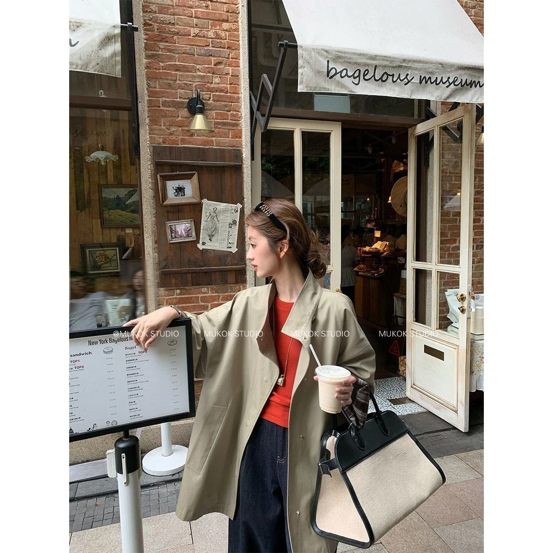 【欧若风】2025春秋新款设计感撞色风衣外套英伦风显瘦宽松洋气时尚