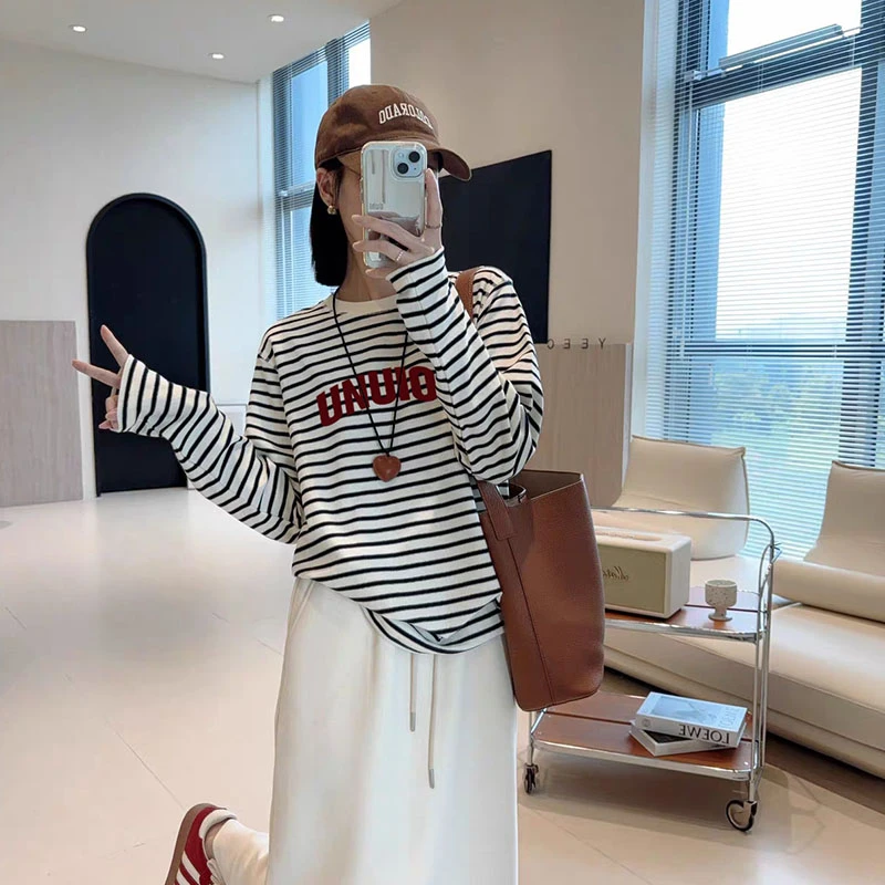 2025新款条纹长袖t恤女装韩版宽松休闲时尚百搭圆领上衣春秋冬季