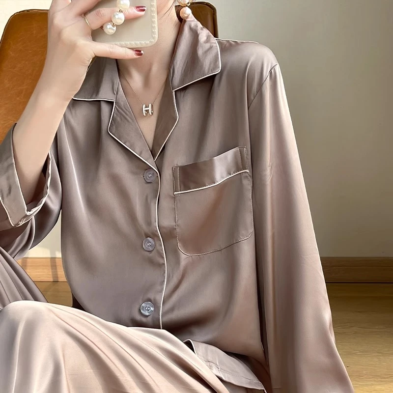 tpvl顺丰包邮绸缎衬衫睡衣女春夏长袖家居服套装薄可外穿纯色