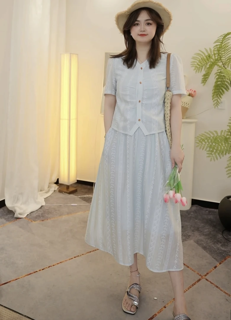 休闲运动套装设计感泡泡袖法式小众收腰夏装仙女显瘦