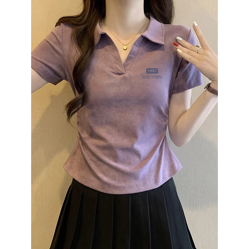 夏季紫色扎染polo领短袖T恤女小众新款修身收腰显瘦短款正肩上衣