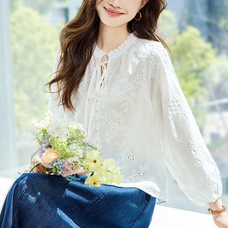木耳领白衬衫女长袖2025夏季纯棉绣花镂空上衣女式刺绣衬衣