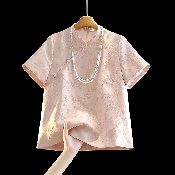 新中式国风提花短袖衬衫2025夏季新款高级感百搭显瘦减龄洋气上衣
