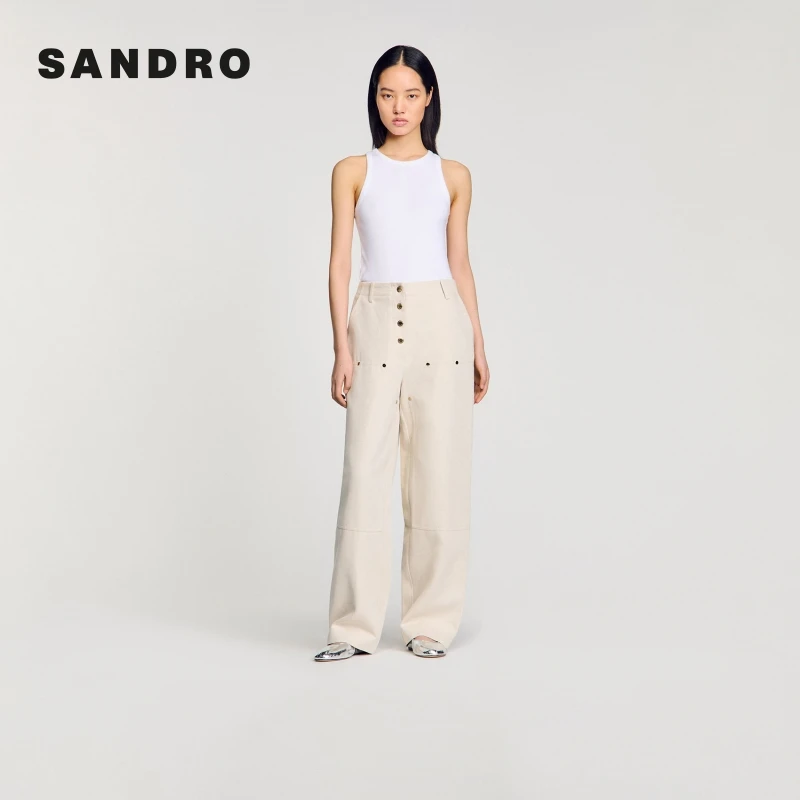【欧若风】SANDRO2025春夏新款女装拼接宽松阔腿牛仔长裤SFPJE00742