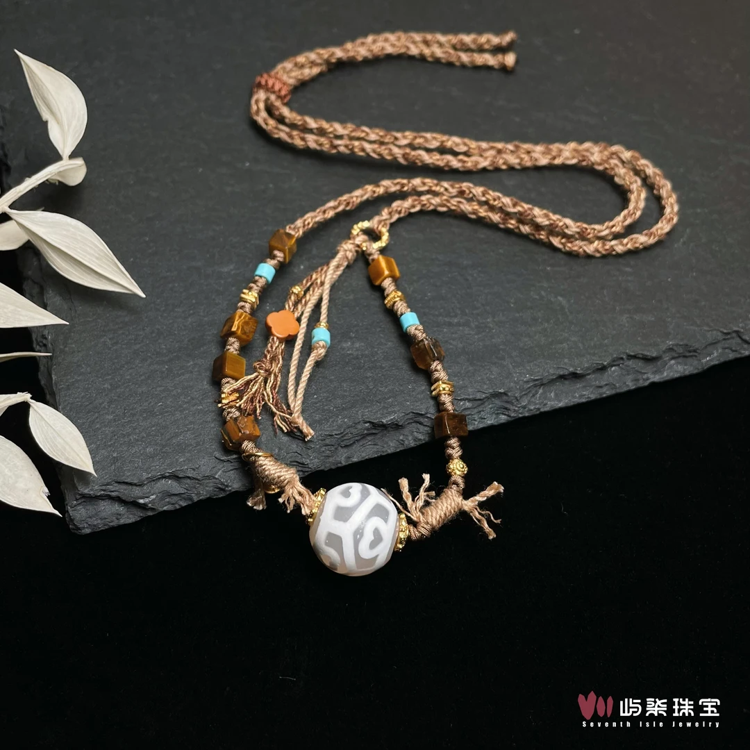 【要努力】A919 玛瑙银S925镶嵌 奶白珠珠方块编绳颈饰