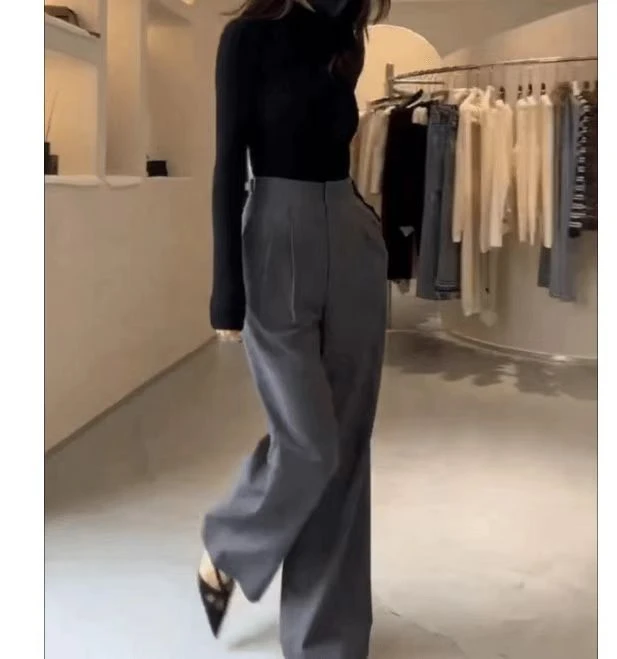 新款百搭极简上衣高级风高腰垂感阔腿休闲裤女装