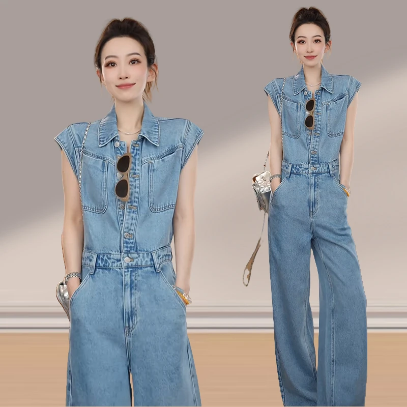 轻奢高级小众女装无袖背心牛仔连体裤女款爆款2025新款休闲直筒裤